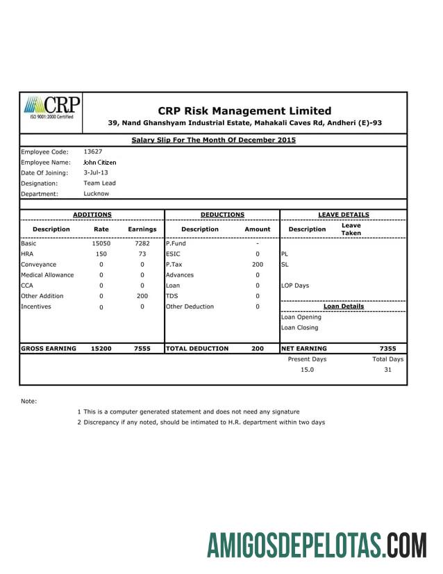 Para download Modelo de comprovante de salário limitado de gerenciamento de risco CRP da ÍNDIA em formatos Word e PDF